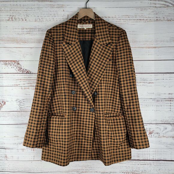 FREE PEOPLE WOMENS M BROWN BLACK ASHBY PLAID CHECK BLAZER JACKET DOUBLE BREASTED - Picture 1 of 16